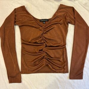 electrica ruched long sleeve blouse dark brown shimmer polyester form top v neck